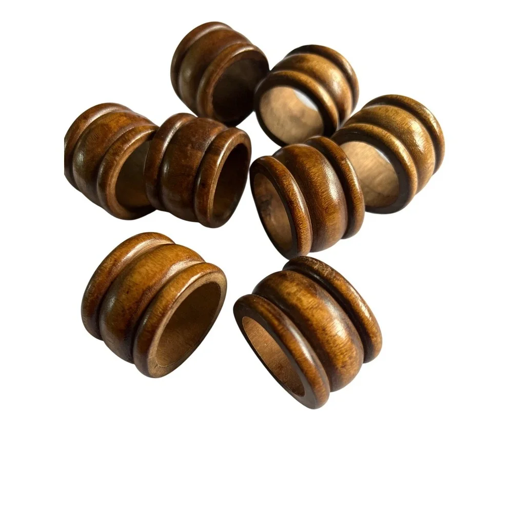 Vintage Ribbed Brown Wood Napkin Rings Set of 8 Rustic Table Decor Cottage Boho
